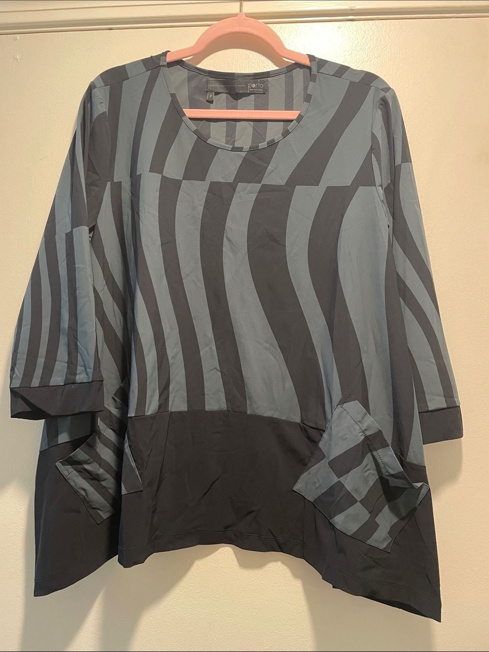 Porto SF Dark Slate Blue Gray& Black Wave-Stripe Lagenlook Pockets Tunic